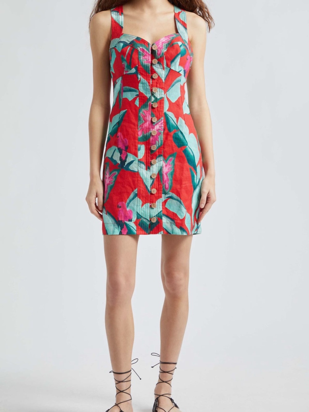 FARM Rio Red Tropical Button-Front Mini Dress with Turquoise & Pink Leaves